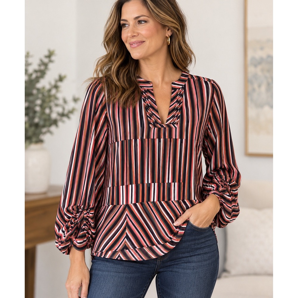 Cabi Sunday Blouse 5519 Red Green Navy Multi Stripe Balloon Sleeve Top Small